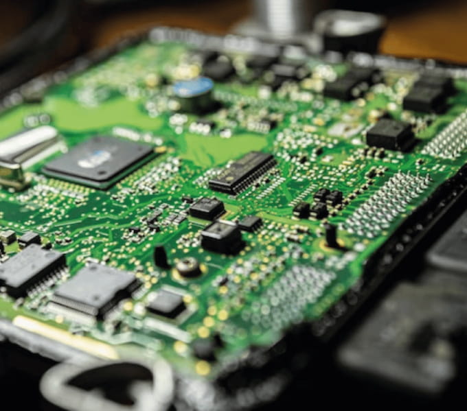 Geopende ECU-printplaat voor technische beoordeling